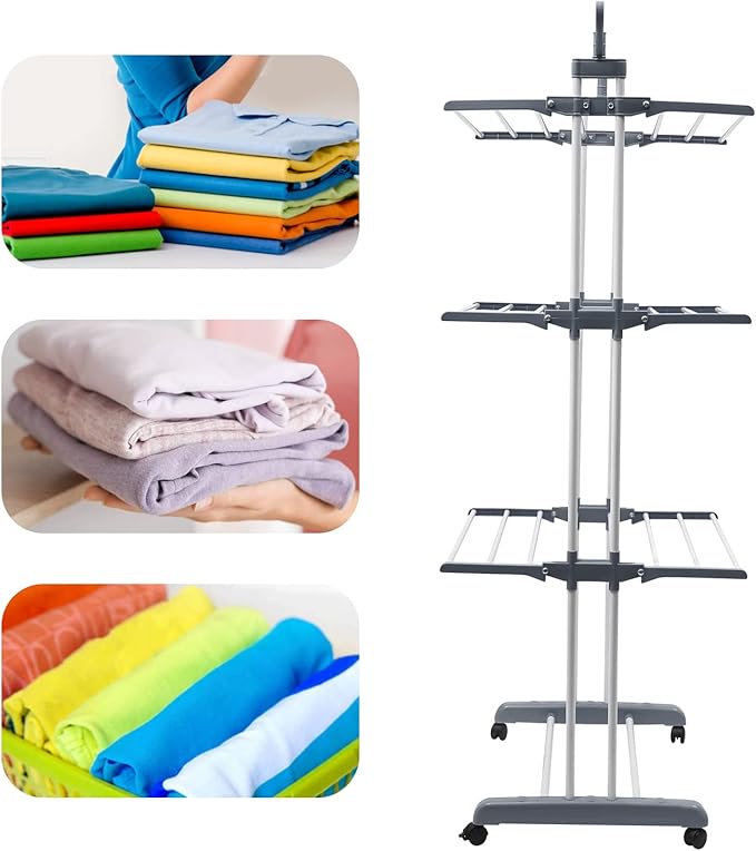 Clothes Drying Rack, 4-Tier Foldable Stainless Steel Drying Rack, Movable Drying Rack with 4 castors, for Balcony, Patio, Indoor Outdoor Use