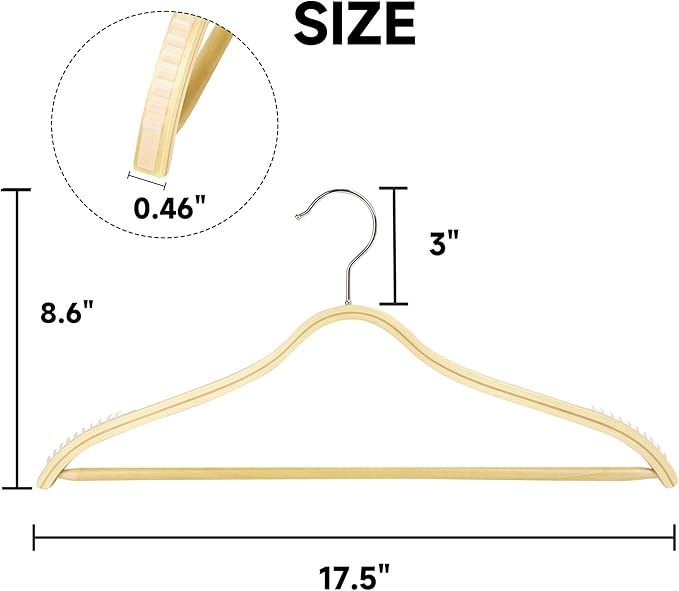 12-Pack Slim Wooden Hangers with Non-Slip Rubber Grips, Birch Plywood Hangers with Wood Pants Bar, Durable Space-Saving, Swivel Hook, No Shoulder Bumps for Shirts, Sweaters, Jackets & Dresses