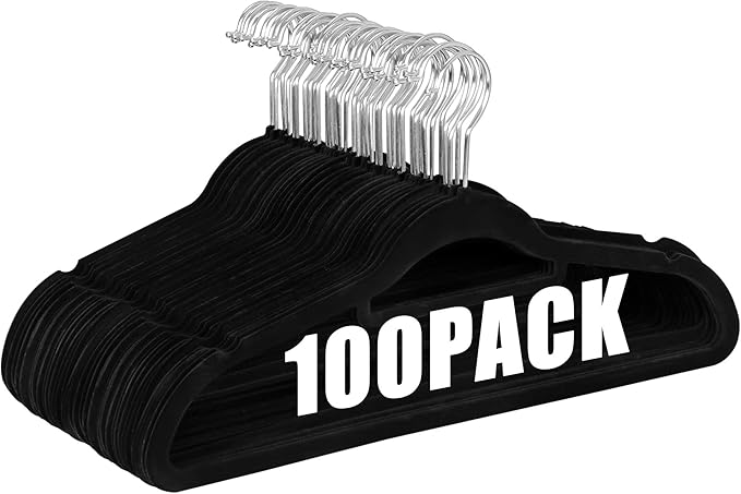 SUPER DEAL Velvet Hangers 100 Pack, Non-Slip Clothes Hangers with Tie Bar and Shoulder Notched Premium 360 Degree Swivel Hook for Coat Suit Pants Dress Closet Space Saving, Black