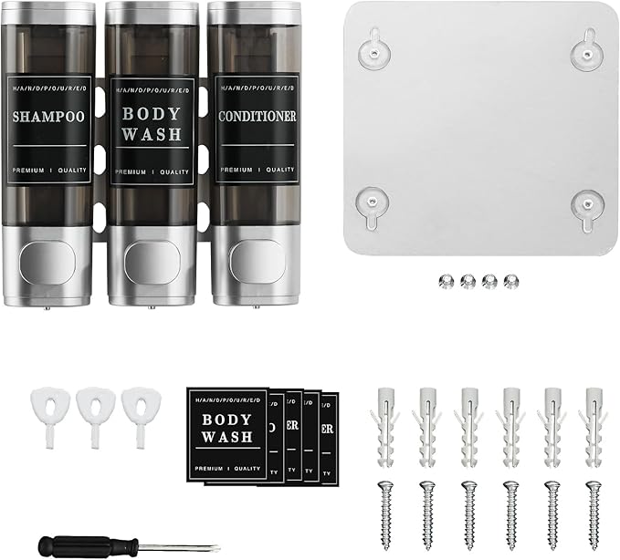 Shower Soap Dispenser 3 Chamber No Drill Wall-Mounted,Shampoo and Conditioner Dispenser Shampoo Dispenser for Shower Wall Mounted Body Wash Dispenser for Bathroom Hotel Kitchen Large Capacity