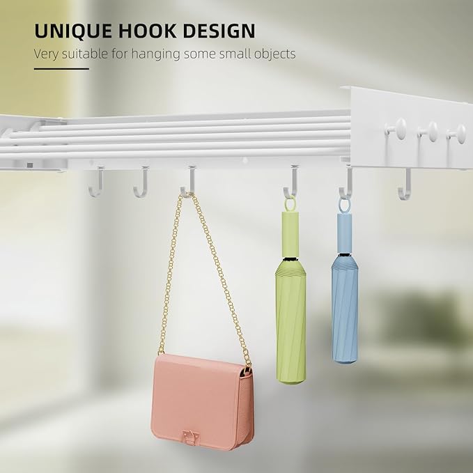 Drying Rack Clothing,Clothes Drying Rack Wall Mounted,Laundry Drying Rack Wall Mount,Foldable,Collapsible,60 lb Capacity 5 Aluminium Poles with 6 Hooks,Space Saving Clothes Drying Rack,White 40"