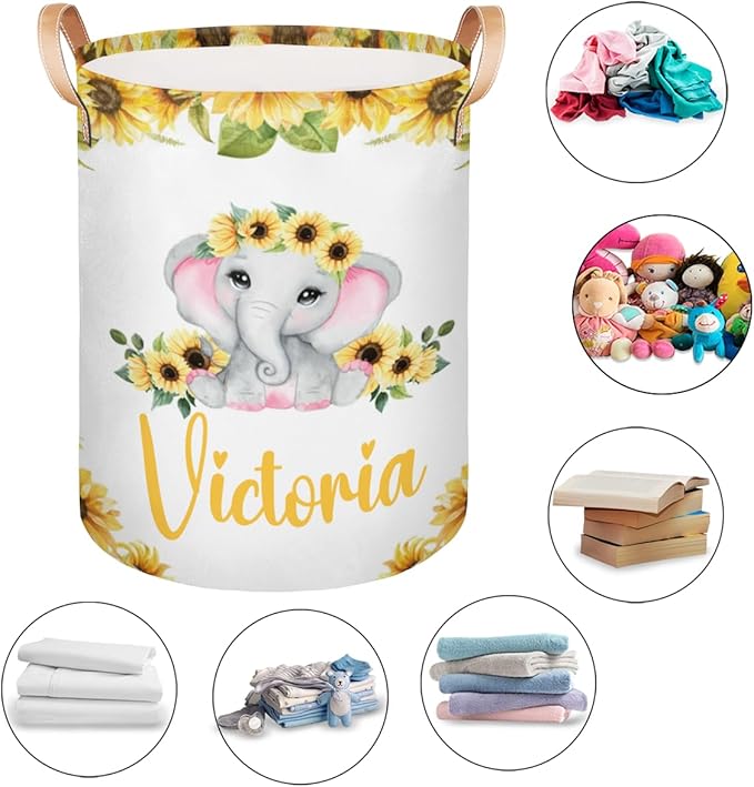 Personalized Laundry Basket, Custom Gift Laundry Hamper, Collapsible Nursery Waterproof Laundry Baskets, Dirty Clothes Toy Hamper with Handles Elephant Sunflower