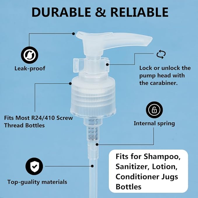 BENECREAT 12 Packs Plastic Replacement Pumps, 24-410 Thread/Neck Locking Clear Dispenser Replacement Pump Lotion Pumps for Soap, Lotion, Shampoo, Kitchen and Bathroom