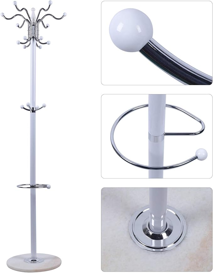 Modern Floor Standing Coat Rack with 16 Hooks Metal Hat Bag Hanger Stand with Mar-ble Base Tree Shape Clothes Organizer Holder for Entryway Hallway Bedroom Hall 15x 67in (White)