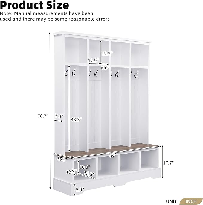 Farmhouse 59" Wide Hall Tree with 8 Hanging Hooks, Wood Grain Bench with Open Compartments, 76.7" H Entryway Shoe Rack Coat Hanger for Living Room Mudroom Hallway (White-8.26)