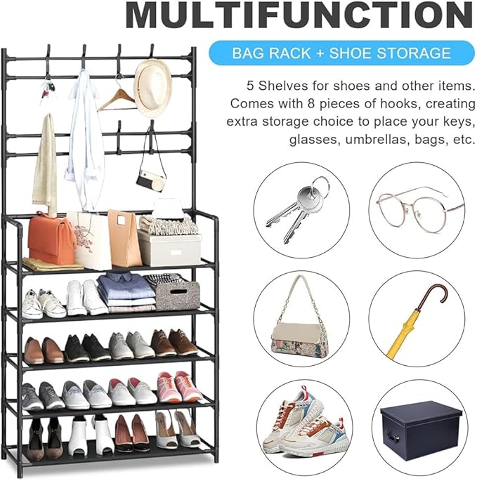 5 Tiers Shoe Rack Coat Rack, Entryway Bench Storage Organizer Multi-Functional Freestanding Shoe Shelf Coat Storage Organizer with 8 Hooks Hat Rack for Entryway Home Door Hallway