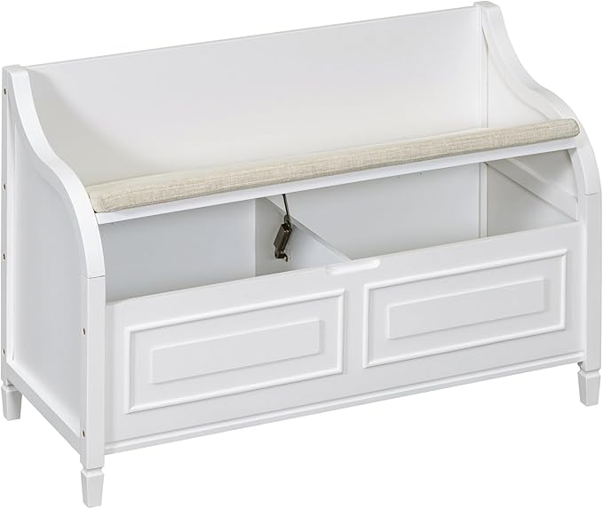 42" Rustic Storage Bench Entryway Bench Shoe Cabinet Ottoman with Safety Hinge, Removable Seat Cushion & Hidden Storage Space for Hallway Entryway Living Room Mudroom End of Bed (White)