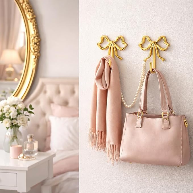 Decorative Bow Wall Hooks – Gold Metal Hooks for Keys, Jewelry, Holiday Stockings & Christmas Decor – Iron Alloy, Screw Mounted, 2 Pack