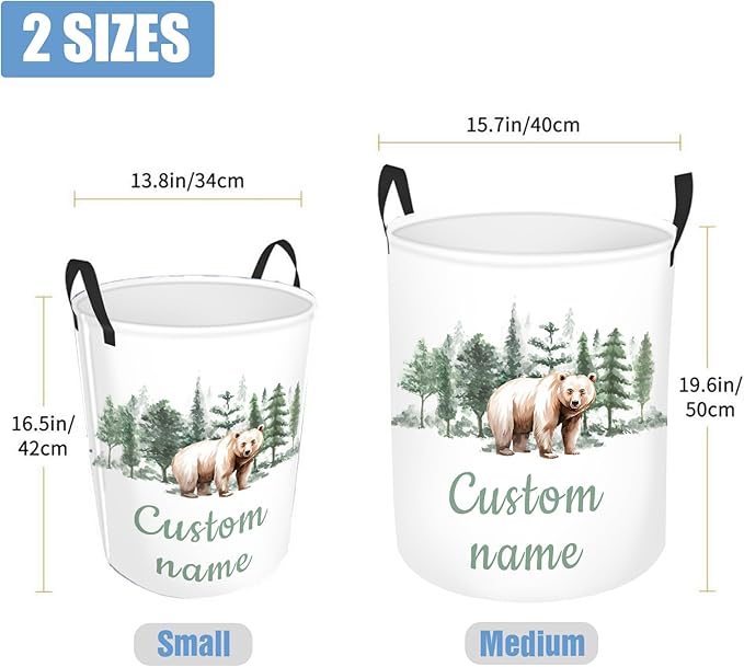 Personalized Woodland Bear Laundry Basket for Kids, Custom Name Baby Laundry Hamper for Nursery, Customize Baby Name Laundry Basket, Waterproof Storage Organizer 2 Sizes