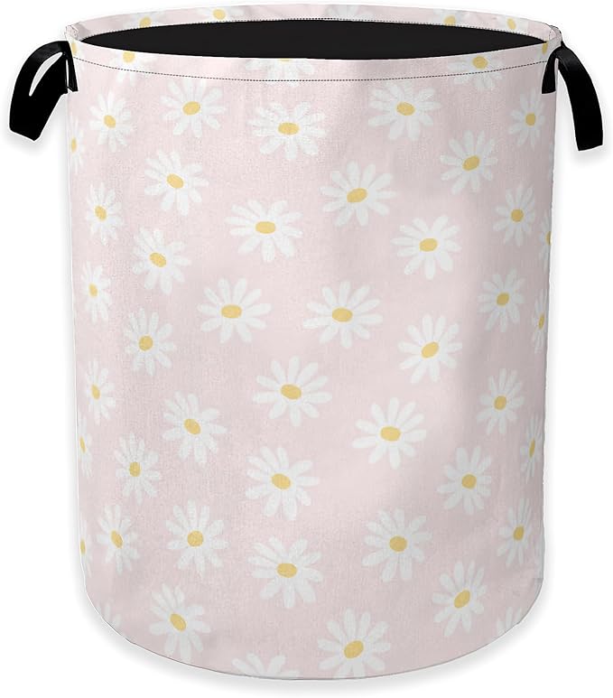 Pink Daisy Flower Laundry Hamper,Spring Floral Clothes Hamper for Laundry,Waterproof Oxford Toy Storage Collapsible Hampers for Bedroom, Dorm Room,Bathroom,16x20 Inch