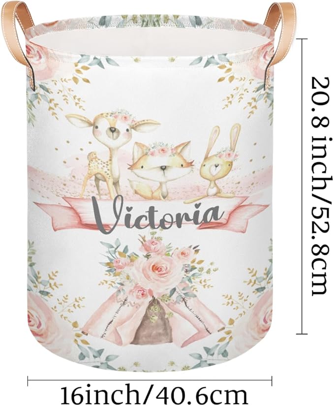 Personalized Laundry Basket, Custom Gift Laundry Hamper, Collapsible Nursery Waterproof Laundry Baskets, Dirty Clothes Toy Hamper with Handles Boho Woodland Animals