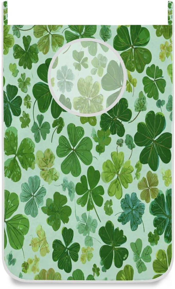 Green St Patrick Clovers Hanging Laundry Hamper Door Hampers Bag Basket with Stainless Steel Hooks Oxford Fabric Printing Decorative Clothes Bags 29.5X20inch 2Pack