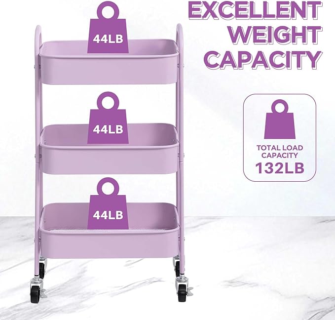 AGTEK 3 Tier Utility Rolling Cart with Lockable Wheels, Metal Multifunctional Storage, Organizer Cart for Kitchen, Office, Living Room, Makeup, Craft, Art Studio, Purple