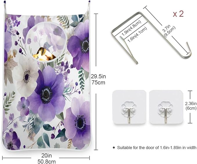 Purple and White Silver Lotus Flowers and Berries Hanging Laundry Hamper Door Hampers Bag Basket with Stainless Steel Hooks Oxford Fabric Printing Decorative Clothes Bags 29.5X20inch 1Pack