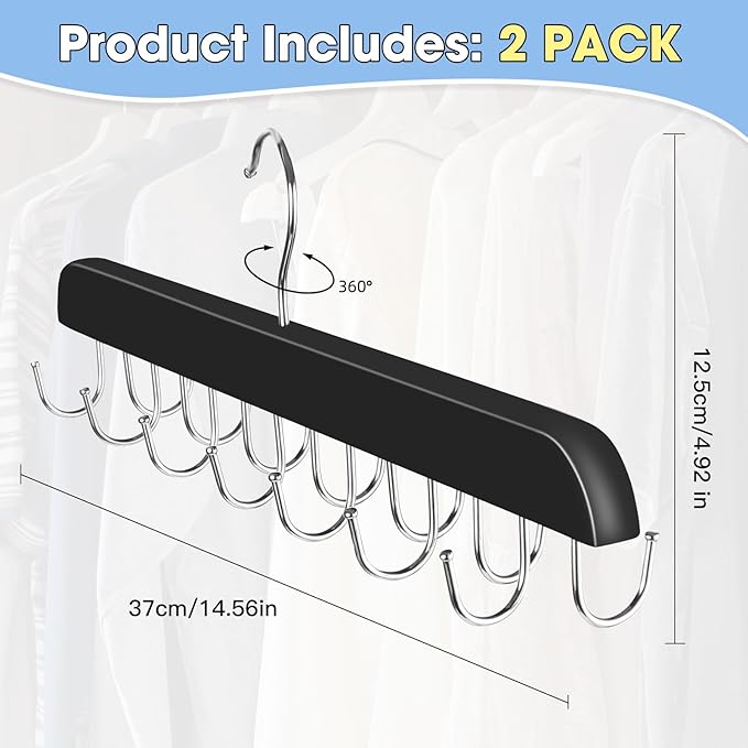 Hat Hangers for Closet, 2 Pack Hat Organizer for Baseball Caps with 14 Hooks Space Saving Hat Racks Ball Caps Hat Holder Organizer Tie Belt Hanger for Closet Storage Solution (Black)