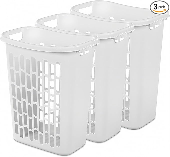 3-Pack Tall & Slim Open Heavy-Duty Plastic Laundry Hamper with Reinforced Handles for Easy Clothes Transport, 1.8 Bushels Capacity, Suitable for Bedroom Closets, Dorm, Laundry Room, Bathroom, White