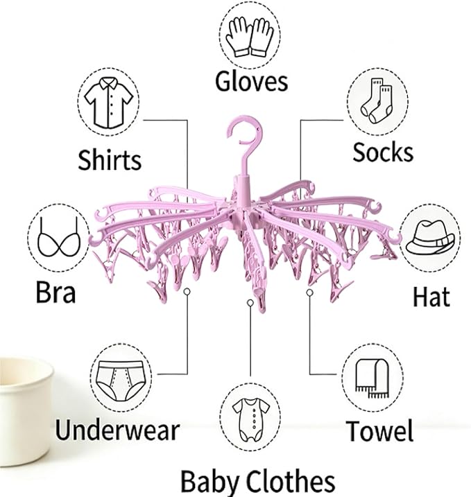 Foldable Drying Rack with 40 Clips for Drying Socks Lingerie Baby Clothes Drying Towels Rotatable Sock Drying Rack（Pink）
