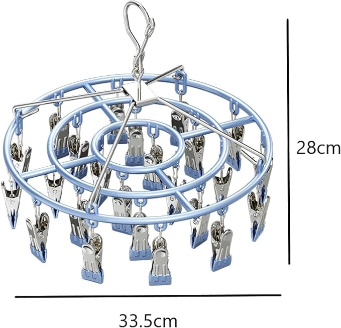 Drying Rack for Sock, Stainless Steel Sock Drying Rack with 24 Clips, Swivel Hook Windproof Hanger for Sock, Bras, Towel, Underwear, Laundry, Hat, Scarf, Pants, Gloves (Blue)
