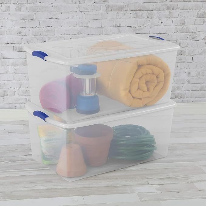 105 Qt. Latch Box Plastic Storage Bin Tote Organizing Container With Durable Lid, Stackable and Nestable Snap Lid Plastic Storage Bin, 1 Pack, Clear With Blue Buckle