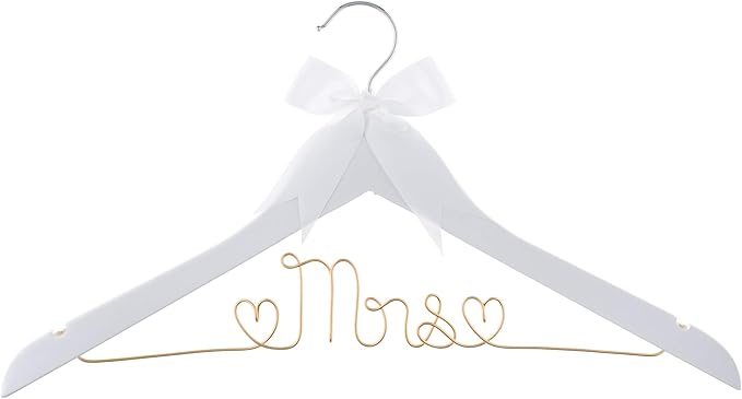 Ella Celebration Mrs Wedding Dress Hanger, Wood and Wire Hangers for Bride to be Gown (White with Light Gold Wire)