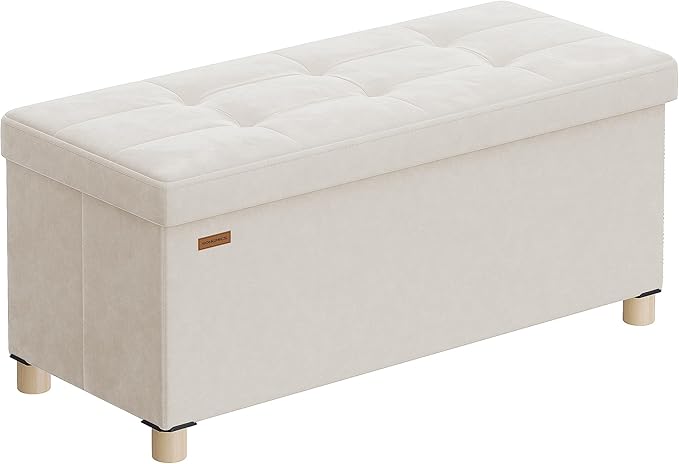 SONGMICS Storage Ottoman Bench, Folding Storage Chest, 15 x 30 x 15.2 Inches, Foot Rest Stool, 20 Gal. (77 L), Velvet Surface, for Bedroom, Entryway, Living Room, Cappuccino Beige ULSF0517W02