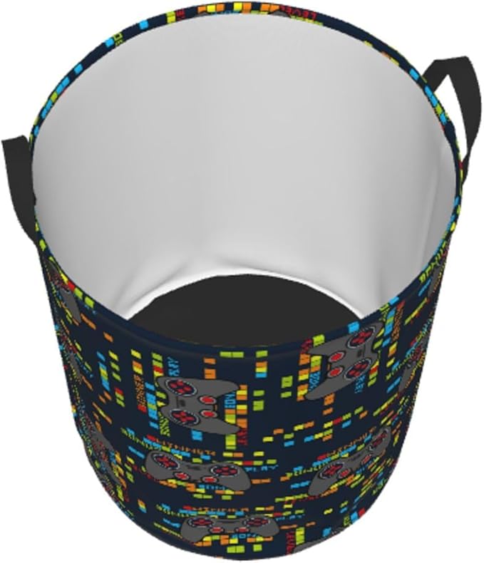 Game Joystick Gaming Pixels Round Laundry Hamper Storage Basket Toys Clothes Organizer Bin For Home Bathroom Bedroom Dorm Nursery, 62l