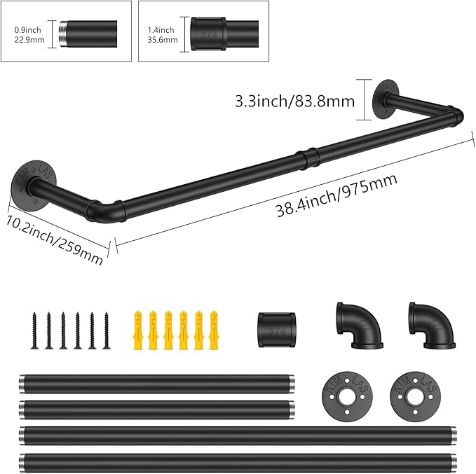 Elibbren 2 Pack Clothing Rack Wall Mount, Industrial Pipe Clothes Rack 38.4IN,Heavy Duty Iron Garment Rack Bar for Closet,Laundry Room, Multi Purpose Hanging Rod,Black
