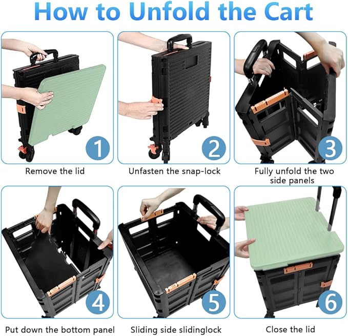 FELICON SELORSS Foldable Utility Cart Folding Portable Rolling Crate Handcart with Heavy Duty Telescoping Handle Collapsible 4 Rotate Wheels for Travel Shopping Move Luggage Office Use(Black+Green)