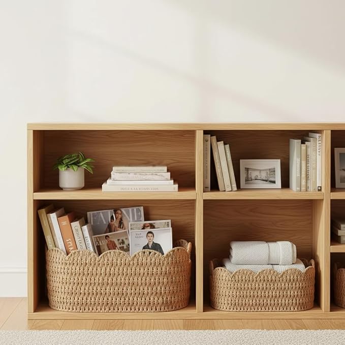 Paper Rope Scalloped Basket Set of 2,Woven Storage Baskets for Shelves,Laundry,Towels,Clothes,Books,Toys,Cute Decor Baskets for Organizing,Natural Color