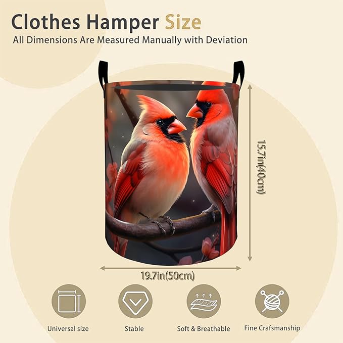 Cardinal Birds Laundry Basket Hamper for Boys Girls Kids Adults, Foldable Waterproof Oxford Clothes Storage Bin, Red Bird Organizer for Bedroom Bathroom Room Decor 19.7"x15.8"