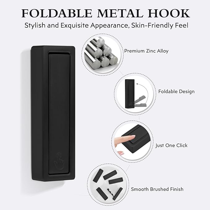 5PCS Heavy Duty Folding Coat Hooks - Zinc Alloy Wall Hooks for Coats, Scarves & Bags - Rustproof, Space-Saving Design for Bathroom, Entryway & Closet - Easy Install with Screws (Black)