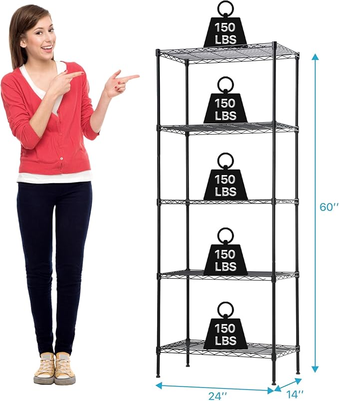 Storage Shelves Heavy Duty Metal Shelving Unit with Leveling Feet, 5 Tier Adjustable Garage Storage Rack, 750 LBS, Utility Metal Shelves for Pantry Kitchen Office (Black, 24" L x 14" W x60" H)