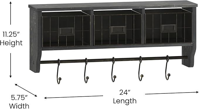Flash Furniture Daly Wall Mounted Storage Rack - Blackwashed Solid Pine Wood - 24 Inch - Upper Shelf - 5 Hooks - Wire Baskets - For Entryway, Kitchen, Bathroom