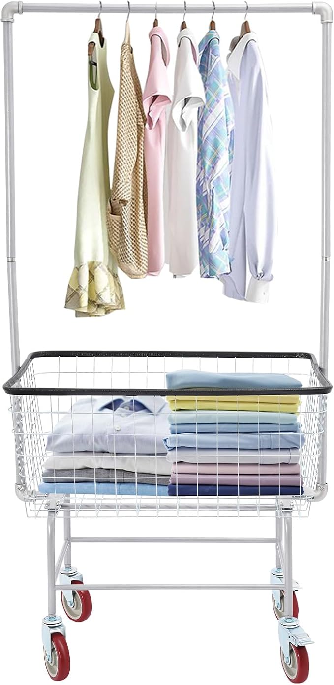 Laundry Cart with Clothes Rack, Rolling Laundry Basket with with Wheels, Commercial Laundry Basket, Steel Frame with Chrome Finish, Heavy Duty Wire Laundry Cart for Laundry
