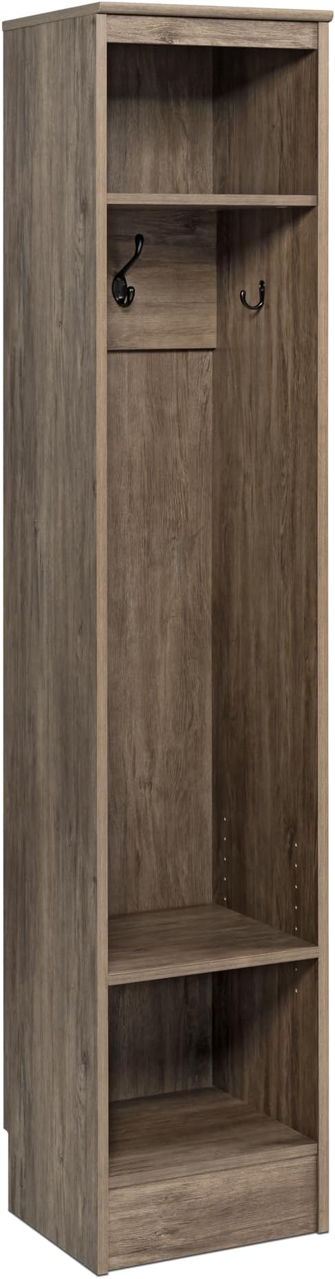 Prepac Narrow Coat Rack Freestanding Hall Tree with 3 Hooks, Entryway Furniture for Coat and Shoe Storage, Entryway Organization with an Adjustable Shelf, 14.75"W x 72.5"H x 15.5"D, Drifted Gray