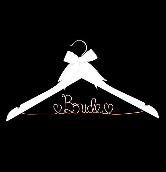 Ella Celebration Bride to Be Wedding Dress Hanger Wooden and Wire Hangers for Brides Gowns, Dresses (White with Rose Gold Wire)