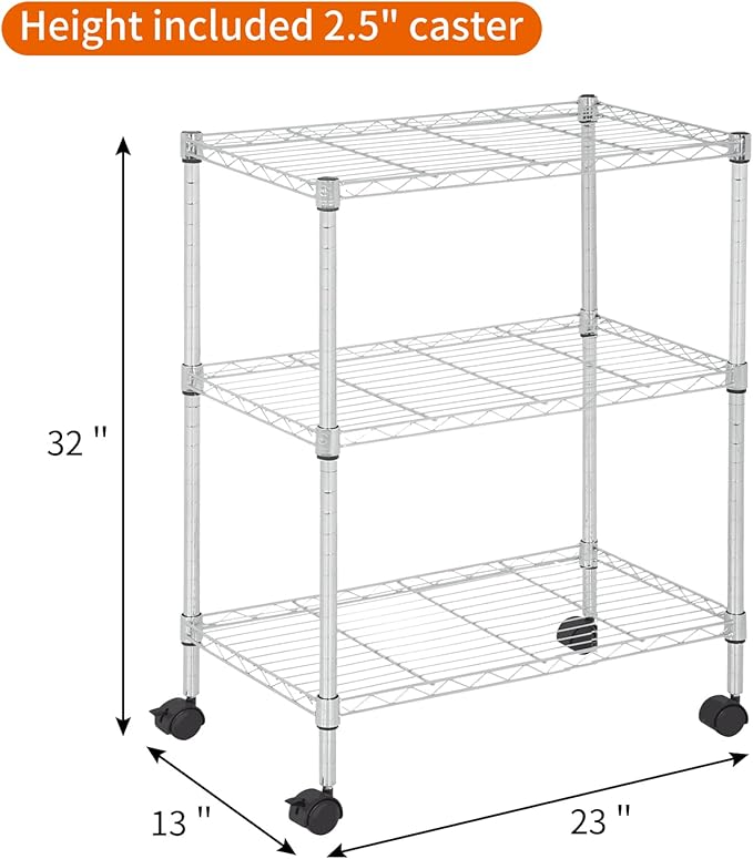 3 Tier Rolling Storage Cart with Wheels and Leveling Feet, Adjustable Wire Shelving Rack, Heavy Duty 450LBS Capacity, Metal Shelf Organizer for Kitchen, Bathroom, Laundry, Office, 23"L x 13"W x 31.3"H