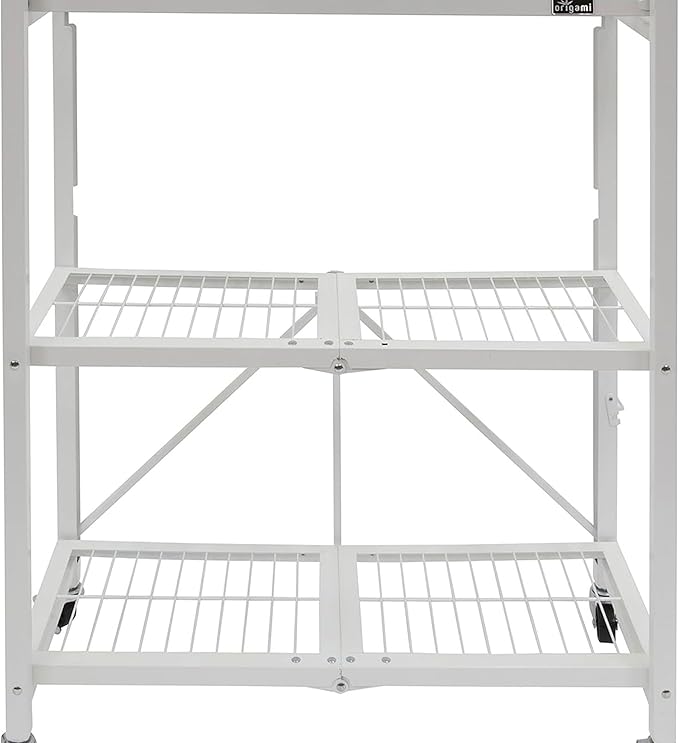Origami 4-Pack General Purpose Foldable 3-Tier Shelf Storage Rack & Wheels, R3, White