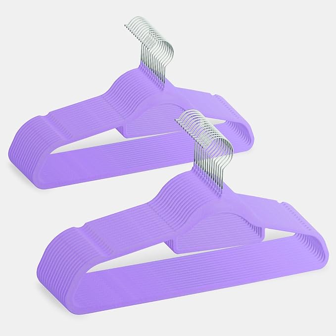 20/50 Count Velvet-Grip Hangers, Ergonomic Suit Hangers Space Savers, Commercial-Grade Thick Clothes Hangers for Coats & Chunky Knits (50PC Purple)