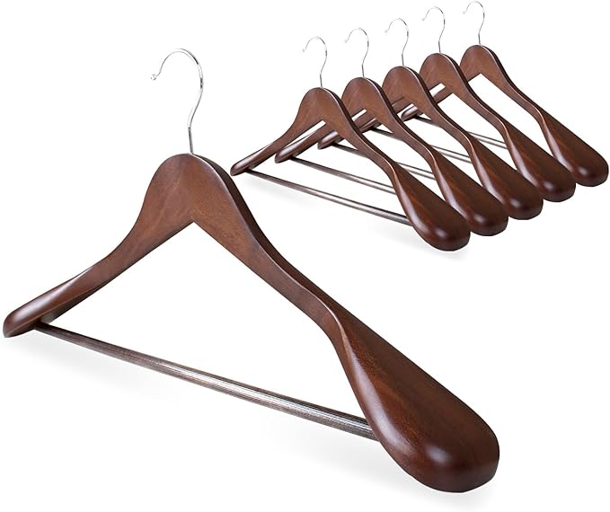 Wooden Hangers with Wide Shoulder Design,Suit Hangers with Non Slip Pants Bar, Smooth Finish for Heavy Clothes,Sweater Coat Hanger for Closet (Mahogany,6 Pack)