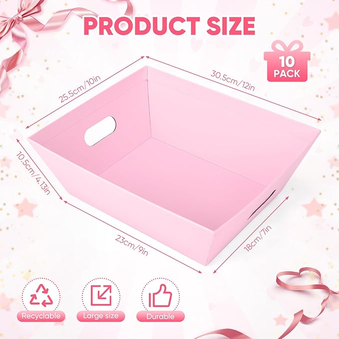 AFOROEOA 10PACK Pink Baskets For Gifts Empty, 10x12” Thick Gift Basket with 10 Bows 10 Bags Empty Gift Baskets for Christmas, Valentine’s Day, Easter, Birthdays, Valentine’s Day Wrapping Gift