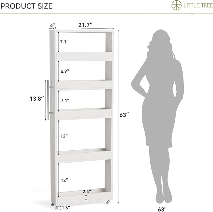 LITTLE TREE 63-Inch Slim Storage Cart on Wheels, 5-Tier Tall Narrow Mobile Shelf Organizer, Rolling Utility Cart with Metal Handle for Kitchen, Dining Room, Small Spaces, White