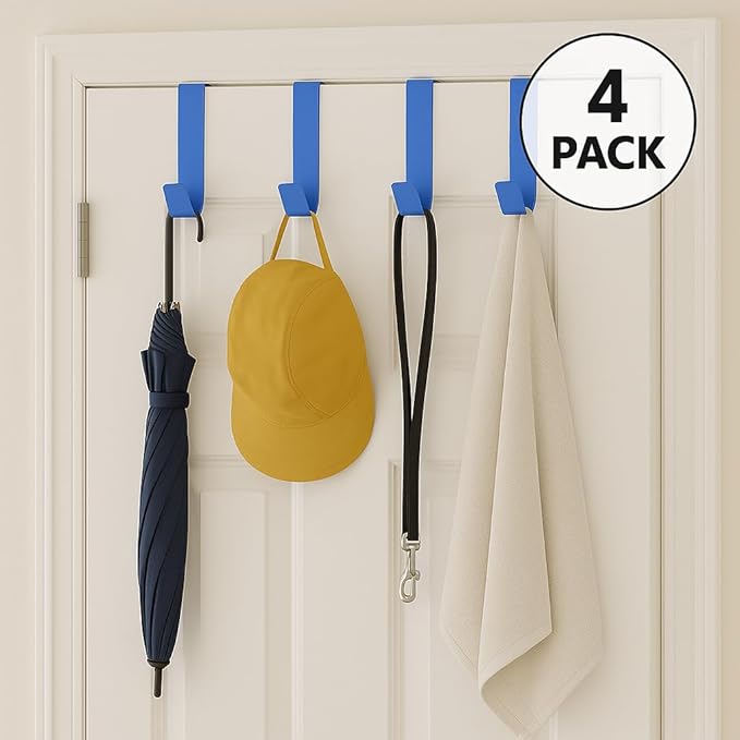 Dependable Industries inc. Essentials Over-The-Door Hanger Hook Set – 4-Pack of 3.5 in., Plastic Over-The-Door Hangers & Over-The-Door Hooks Over-Door Hooks Hanging Clothes & Towels (Navy Blue)