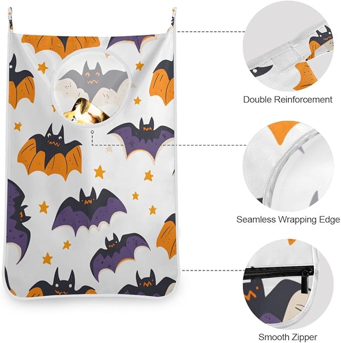 White Halloween Bats and Stars Hanging Laundry Hamper Door Hampers Bag Basket with Stainless Steel Hooks Oxford Fabric Printing Decorative Clothes Bags 29.5X20inch 1Pack