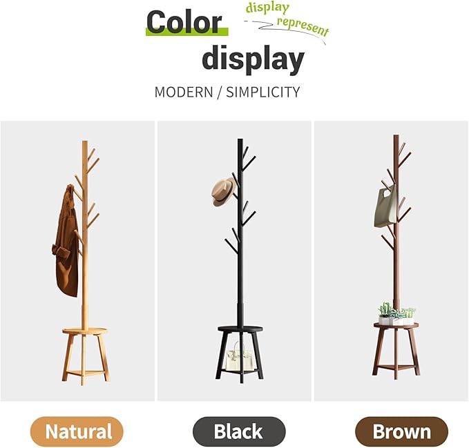 BMOSU Coat Rack freestanding Stand with Shelf Bamboo Wooden Coat Tree Easy Assembly 8 Hooks Standing Jackets Hanger Hallway Office Floor Coat Stand Black