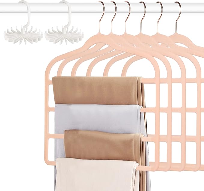 Tinfol Velvet Pants Hanger Space Saving with Hook, 6pc 4 Layers Non-Slip Jeans Hangers, Pink Multiple Clothes Hangers Closet Storage Organizer forJeans Scarf Towels Tie Towel