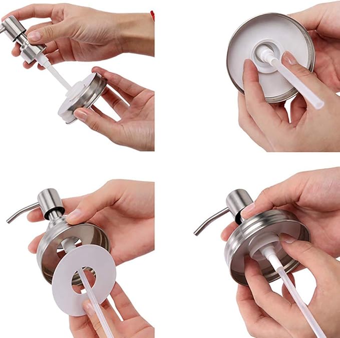 4 Pack Mason Jar Soap Dispenser Lids with Pumps, Rustproof Stainless Steel, Lotion Soap Dispenser Lids Replacement for 16 oz Regular Mouth Mason Jar Decor, 4 Brushes Included Silver
