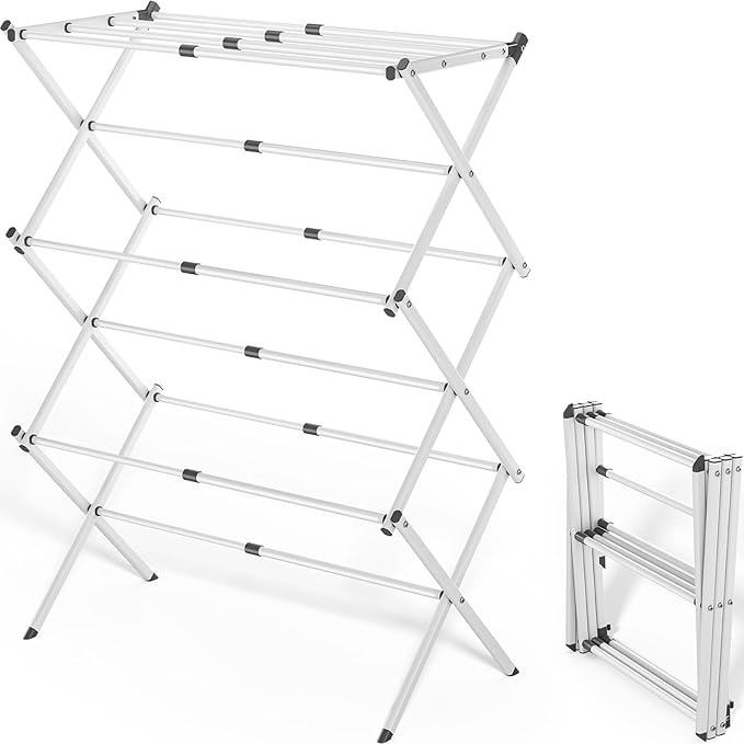 APEXCHASER Clothes Drying Rack Folding - 3 Tier Laundry Drying Rack for Clothes, Expandable Metal Clothing Dryer, Collapsible Towel Rack, Air Drying Rack, White