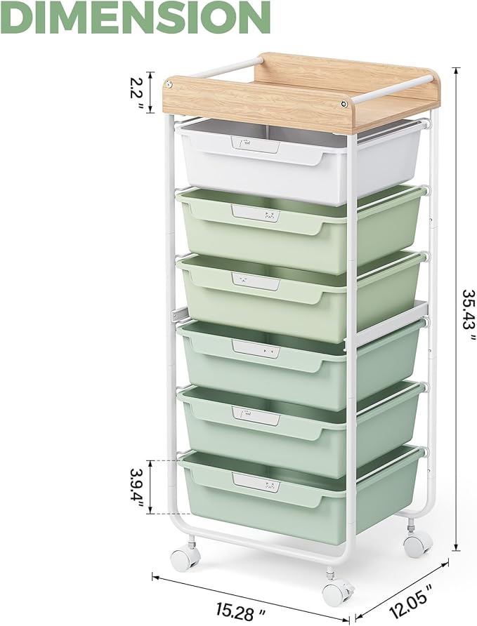 APEXCHASER 6-Drawer Plastic Organizers on Wheels,Rolling Storage Cart with Wooden Top, Mobile Drawer Unit for Classroom, Crafts, Art Supplies, and Home Organization,Green