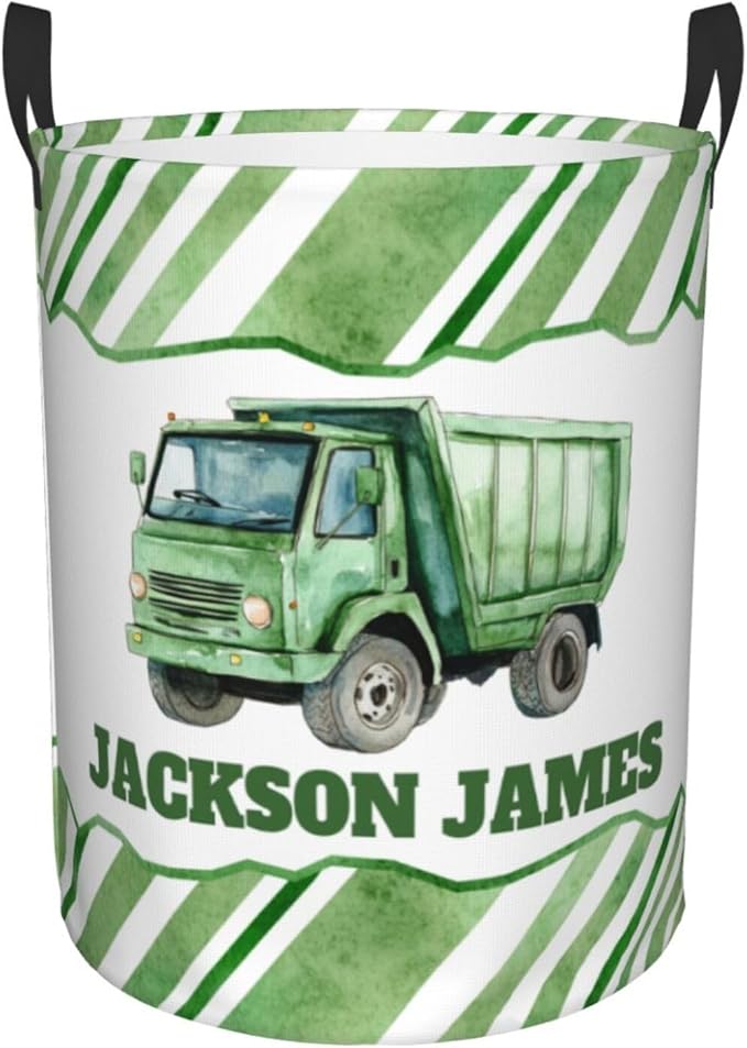 Personalized Garbage Truck Laundry Basket, Custom Laundry Hamper With Name Gifts For Kids Baby Adults, Collapsible Dirty Clothes Storage Organizer With Handles S 16.5 X 13.8in